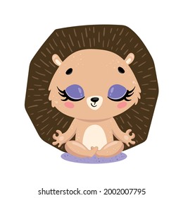 Vector flat cute cartoon doodle hedgehog meditation. Forest animals meditate. Animals yoga