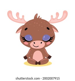 Vector flat cute cartoon doodle moose meditation. Forest animals meditate. Animals yoga