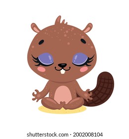 Vector flat cute cartoon doodle beaver meditation. Forest animals meditate. Animals yoga