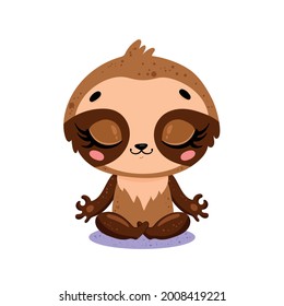 Vector flat cute cartoon doodle sloth meditation. Tropical jungle safari animals meditate. Animals yoga