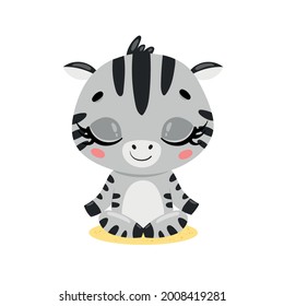 Vector flat cute cartoon doodle zebra meditation. Tropical jungle safari animals meditate. Animals yoga