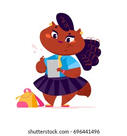 Vector flat cute charming lady cat student character portrait standing isolated isolated on white background. Cat girl with device tablet and school bag. Good for card, poster, packaging design.