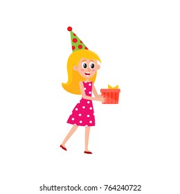 vector flat cute excited girl in pink dotted dress and party hat holding big present box in bright wrapping and bow celebrating birthday. Isolated illustration on a white background.