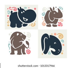 Vector flat cute funny hand drawn animal silhouette isolated on white background - hippo, rhino, lion and elephant. Perfect for children goods store logo, kid clothes and accessory prints, zoo logo.