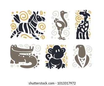 Vector flat cute funny hand drawn animal silhouette isolated on white background - zebra, ostrich, giraffe, crocodile, monkey and eagle. Perfect for children toys store logo, kid clothes and accessory