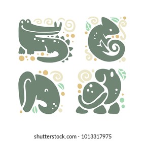 Vector flat cute funny hand drawn animal silhouette isolated on white background - crocodile, chameleon, elephant and turtle. Perfect for children goods store logo insignia, kid clothes and accessory.