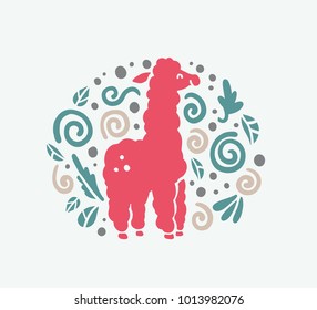 Vector flat cute funny hand drawn lama animal silhouette smiling isolated on white background.  Perfect for children goods store logo insignia, kid clothes and accessory prints, zoo logotype etc.