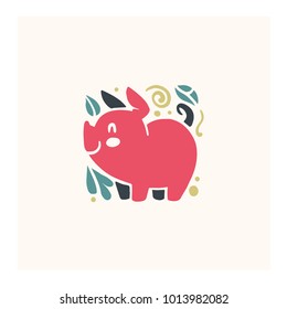 Vector flat cute funny hand drawn smiling pink pig animal silhouette isolated on white background.  Perfect for children goods store logo insignia, kid clothes and accessory prints, zoo logotype etc.