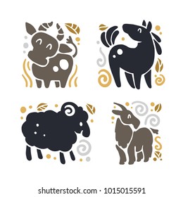 Vector flat cute funny hand drawn animal silhouette isolated on white background - cow, horse, sheep and goat. Perfect for children goods store logo insignia, kid clothes and accessory prints, zoo