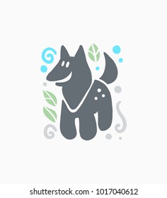 Vector flat cute funny hand drawn smiling wolf animal silhouette isolated on white background. Perfect for children goods store logo insignia, kid clothes and accessory prints, zoo logotype etc.