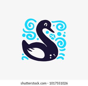 Vector flat cute funny hand drawn swan bird silhouette isolated on white background. Perfect for children goods store logo insignia, kid clothes and accessory prints, zoo logotype etc.