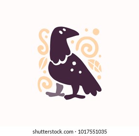 Vector flat cute funny hand drawncrow bird animal silhouette isolated on white background. Perfect for children goods store logo insignia, kid clothes and accessory prints, zoo logotype etc.