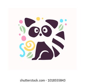 Vector flat cute funny hand drawn raccoon animal silhouette isolated on white background. Perfect for children goods store logo insignia, kid clothes and accessory prints, zoo logotype etc.