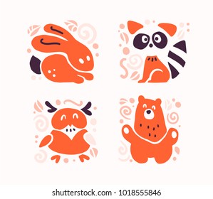 Vector flat cute funny hand drawn animal silhouette isolated on white background - rabbit, raccoon, owl and bear. Perfect for children goods store logo, kid clothes and accessory prints, zoo emblem