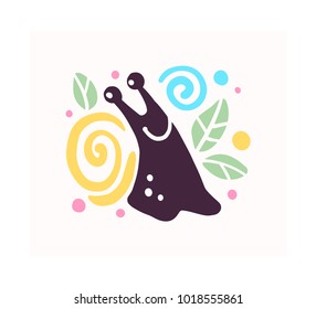 Vector flat cute funny hand drawn snail silhouette isolated on white background. Perfect for children goods store logo insignia, kid clothes and accessory prints, zoo logotype etc.