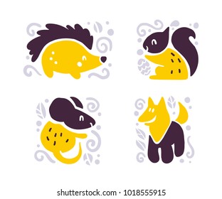 Vector flat cute funny hand drawn animals silhouette isolated on white background - hedgehog, squirrel, mouse and wolf. Perfect for children goods store logo, kid clothes and accessory print, zoo logo
