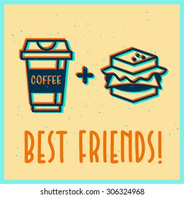 Vector flat cute funny illustration of icons of coffee cup and sandwich on light yellow background. Good for banner, flyer, illustration, print design.