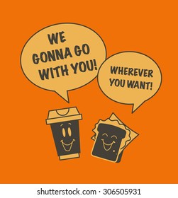 Vector flat cute funny illustration of talking icons of coffee cup and sandwich on orange background. Good for banner, flyer, illustration, print design.