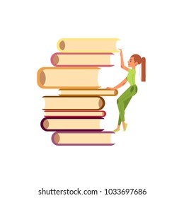 Vector flat cute girl in green climping huge book pile. Beautiful female character, education learning university or school concept. Isolated illustration white background