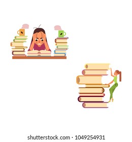 Vector flat cute girl in green climping huge book pile, woman sitting with book exhausted with coffee. Overwork or studying exam concept. Education and stress concept. Isolated background illustration