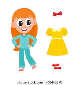vector flat cute girl kid child with long red hair in funny nightgown and slippers standing smiling, outfit set - dress, shoes and bowtie. isolated illustration on a white background.