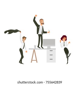 vector flat cute girl office worker, business woman manager in corporate clothing in skirt, necktie dancing at floor , men with beard dancing at and near table at party. Isolated illustration