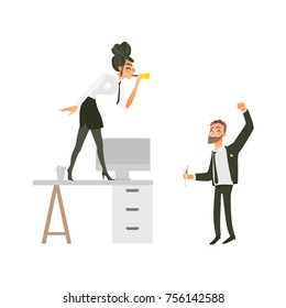 vector flat cute girl office worker, business woman manager in corporate clothing in skirt, necktie dancing at table blowing into pipe, man with beard dancing at floor at party. Isolated illustration