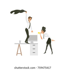 vector flat cute girl office worker, business woman manager in corporate clothing in skirt, necktie dancing at floor blowing into pipe, man with beard dancing at table at party. Isolated illustration