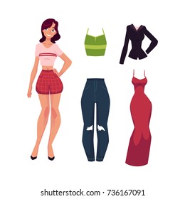 vector flat cute girl, woman in summer casual clothing - red shorts and shirt and office corporate suit, evening dress. Fashionable trendy style female. Isolated illustration on a white background.