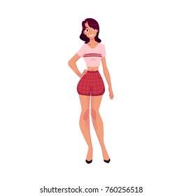 vector flat cute girl, woman in summer casual clothing - red shorts and shirt . Fashionable trendy style female full lenght portrait. Isolated illustration on a white background.