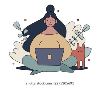 Vector flat cute girl working remotely at home with a cat. freelance or studying concept