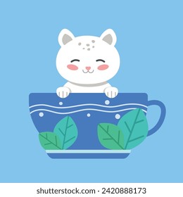 Vector flat cute illustration cat in cup