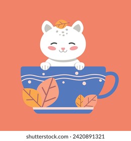 Vector flat cute illustration cat in cup