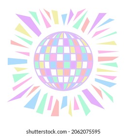 Vector flat cute illustration of a colorful disco ball and lights. Mirror reflections and flares. Colored rays. Party, club, celebration, holiday, event decoration