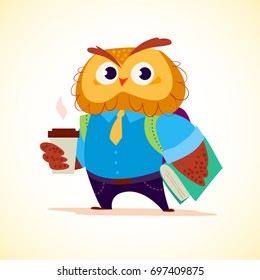 Vector flat cute little coffee owl student character standing isolated on white background. School boy  with bag and book. Good for card, poster, packaging design.