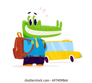 Vector flat cute little crocodile student character standing isolated on white background. School boy with bag at yellow school bus. Good for card, poster, packaging design.