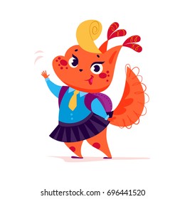 Vector flat cute little lady squirrel student character standing isolated on white background. School girl with bag saying hello. Good for card, poster, packaging design.