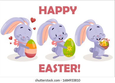 Vector flat cute rabbits . Stock vector easter card with cute bunnys. Happy easter card.
