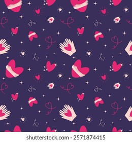 Vector flat cute romantic Valentines day, love season seamless pattern with heart is embraced by hands, hands holding a heart, stars, line art shapes.
