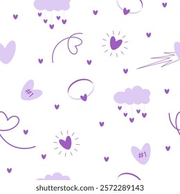 Vector flat cute romantic Valentines day, love season seamless pattern with cloud and heart rain, wedding ring, heart asteroid, number one text,  line art shapes.
