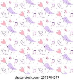 Vector flat cute romantic Valentines day, love season or pastel children seamless pattern with bird and flower,music notes, butterfly or dragonfly.
