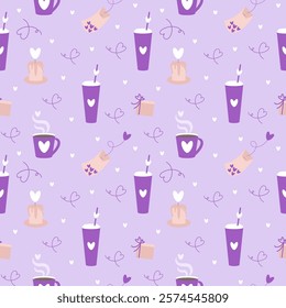 Vector flat cute romantic Valentines day, love season or pastel hot coffee cup seamless pattern with candle, gift box and tea bag.
