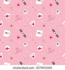 Vector flat cute romantic Valentines day for pets seamless pattern, love season with pastel paw, hearts in the house, healing patch, I love you sticker, line art shapes.
