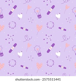 Vector flat cute romantic Valentines day, love season with pastel healing patch, heart shape ballon, lamp, wreath, stars, line art
