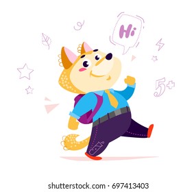 Vector flat cute sibainu dog student character walking isolated on white background. Education line icons. School boy with bag and conversation box saying hi. Good for card, poster, packaging design.