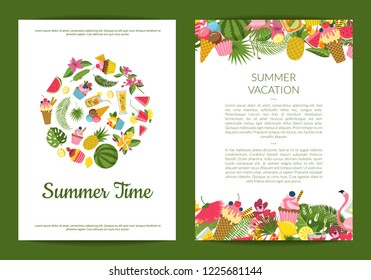 Vector flat cute summer elements, cocktails, flamingo, palm leaves card