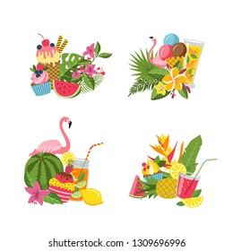 Vector flat cute summer elements, cocktails, flamingo, palm leaves piles set isolated on white background illustration