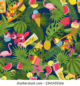 Vector flat cute summer elements, cocktails, flamingo, palm leaves pattern or background illustration