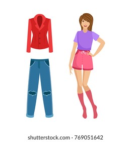 vector flat cute young girl , casual clothing outfit set. Formal red suit jacket, shabby denim blue jeans with holes. Fashionable trendy style female clothing. Isolated illustration, white background