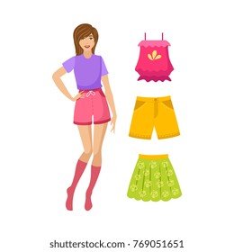 vector flat cute young girl and summer outfit set. Summer shorts, green skirt and funny pink backpack. Fashionable trendy style female clothing. Isolated illustration on a white background.